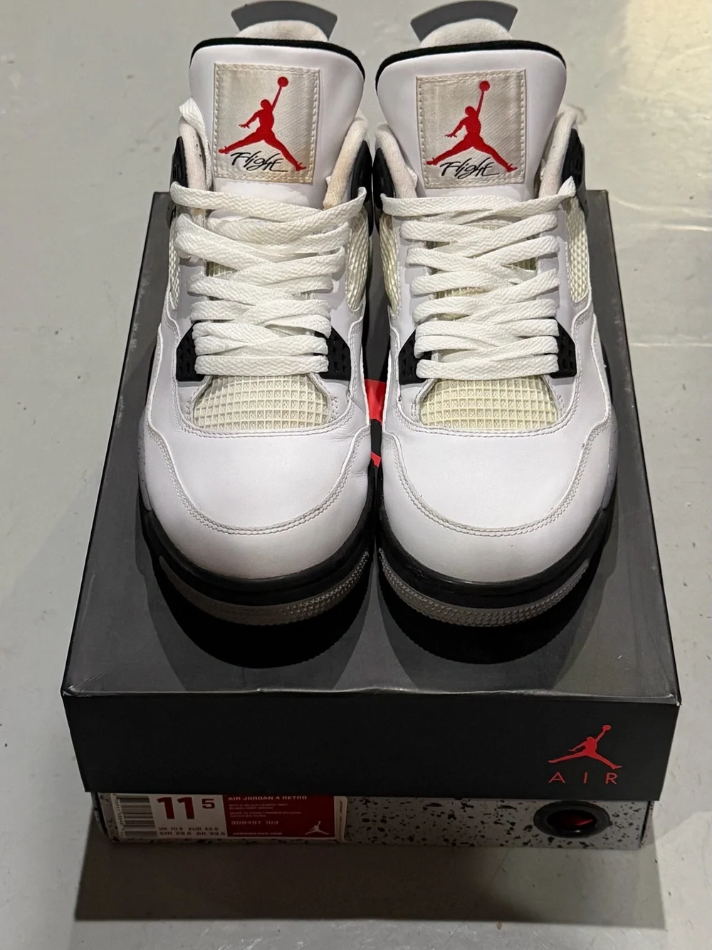 Jordan Men’s White/ Cement Gray/Black Retro 4 Sneakers with Red Jumpman